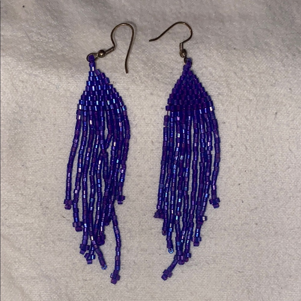 Purple Beaded Fringe Earrings
